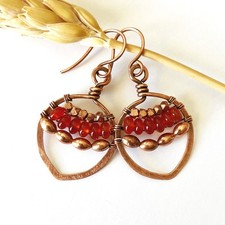 Hammered Copper Beaded Boho Leaf Earrings Nature Woodsy Wire Wrapped Jewelry