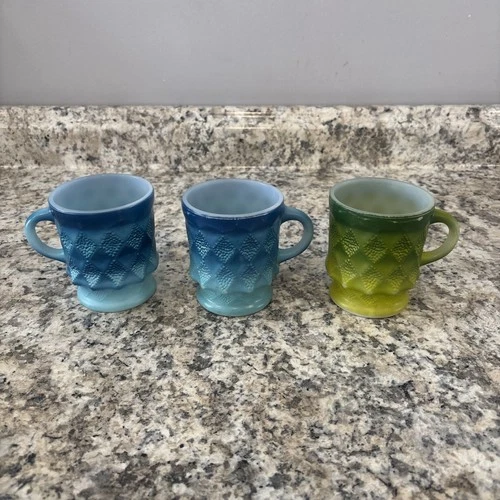 Vintage Lot 3 70s Anchor Hocking Fire King Kimberly Mugs Blue Green