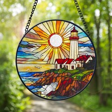 Faux Stained Glass Lighthouse Suncatcher Sunset Ocean Beach Decor Gift Coastal