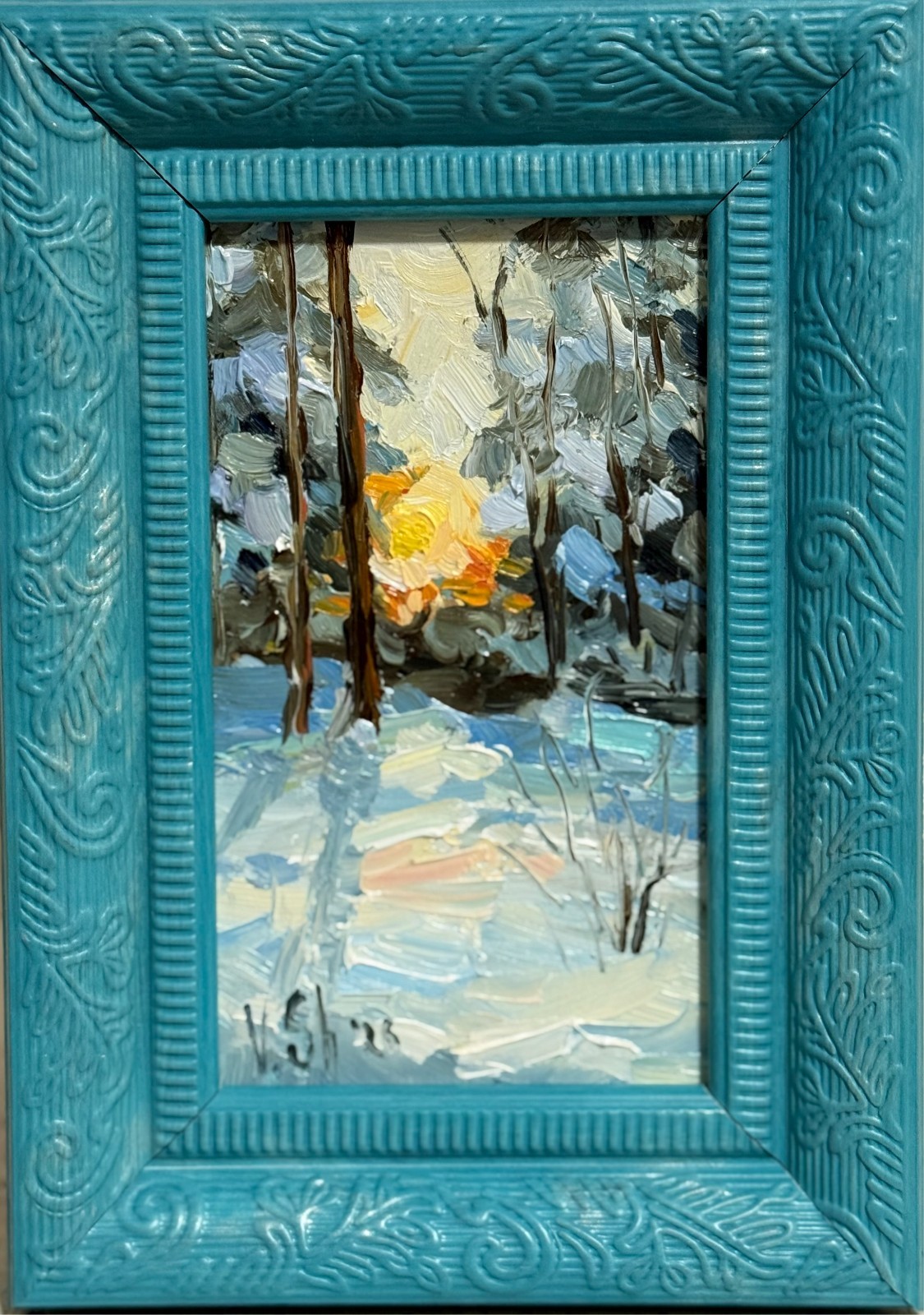 Original Oil Painting Winter Landscape Forest Sunset Art Signed Framed  5x7 in