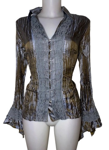 Vtg 90s Womens Victorian Lace Crinkle Top Sz L Steampunk Whimsigoth Witchy Vampy