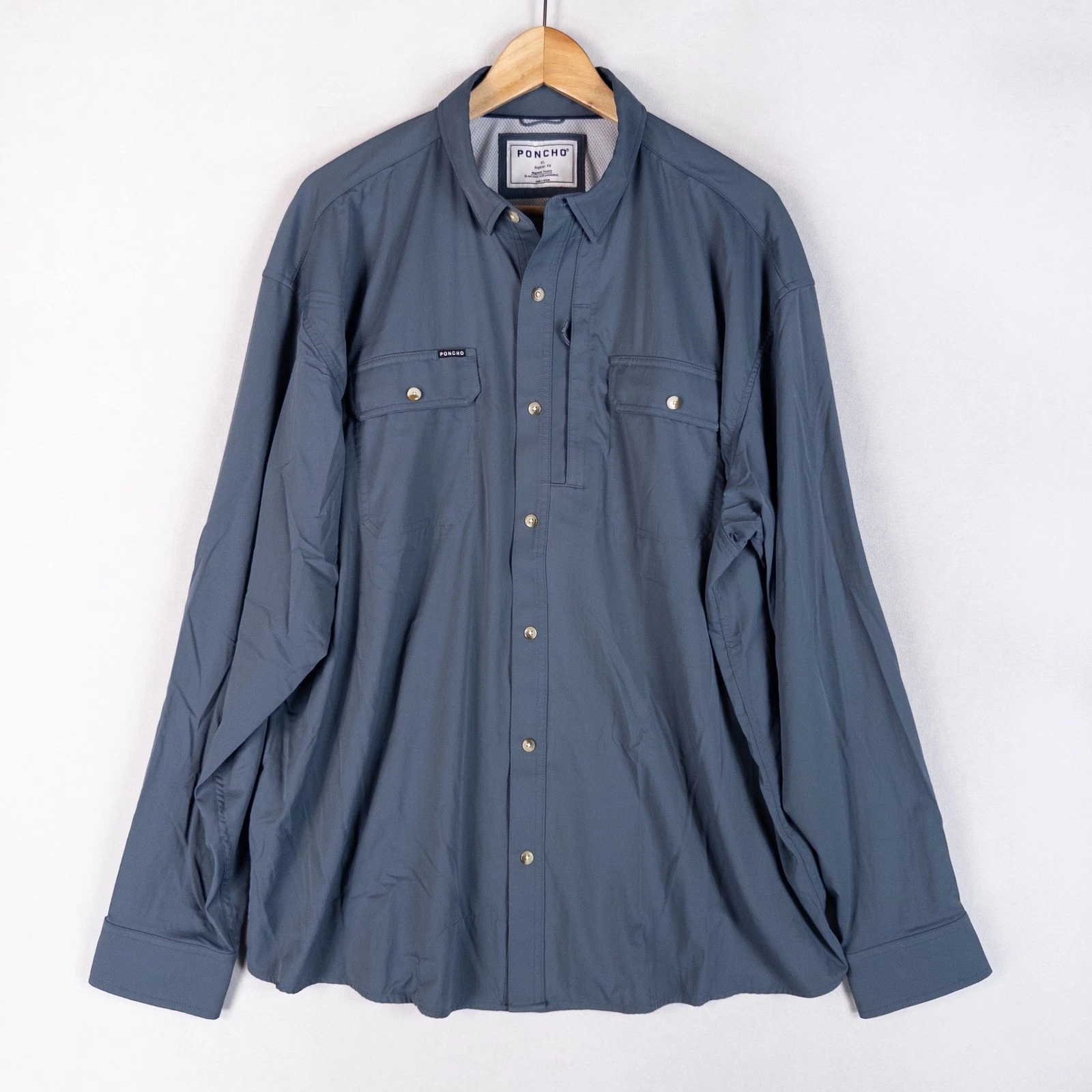 Poncho Mens Fishing Shirt XL Blue Magnetic Pockets Ventilated Performance Hiking