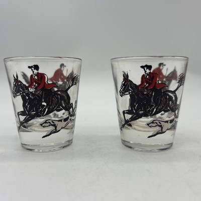 Vintage Set of 2 Fox Hunt Shot Glasses Horse, Rider, And Dogs Red & Black Print