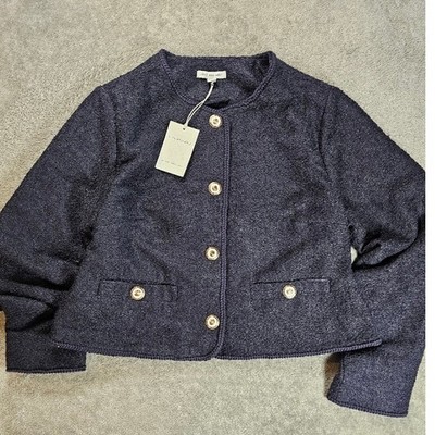 Navy Blue Boucle Cropped Lady Jacket Gold Rose Buttons L Nwt Quiet Luxury Preppy