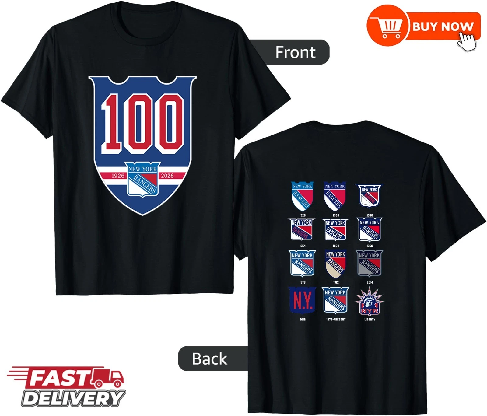 New York Rangers 100th Anniversary 1926-2026 Double Sided T-Shirt - Full Color, All Sizes