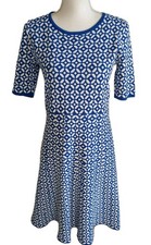 Talbots Sweater Dress M Grecian Jacquard Royal Blue White Geo Fit Flare Gorgeous