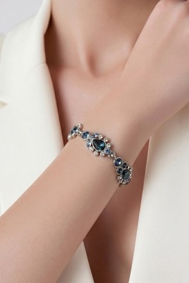 $68 Givenchy Blue Crystal Silver Tone Flex Bracelet #40 GB