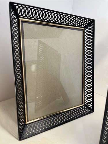 VTG MCM 1960s Ornate Black Woven Metal Picture Frame Brass Gold Trim 10x12 Set 3 - Picture 5 of 12