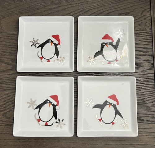 Crate & Barrel 6" Christmas Holiday Penguin Appetizer Side Dish Dessert Plates