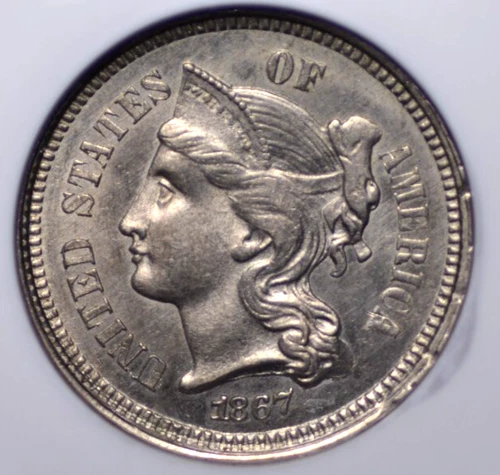 1867 THREE CENT NICKEL NGC MS 62 FROSTED ELEMENTS AND HARD REFLECTIVE FIELDS