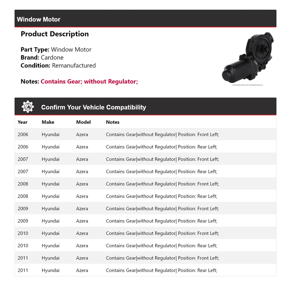 Para 2006-2011 Hyundai Azera Window Motor Cardone 2007 2008 2009 2010 - Imagem 2 de 4