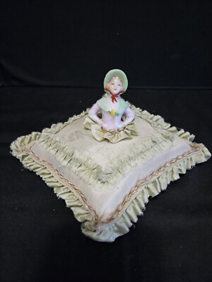 Vintage 1900s Porcelain Half Doll On Green Satin Pin Cushion.
