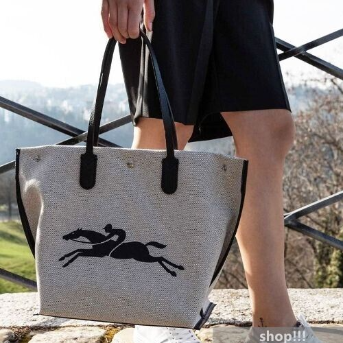 Longchamp Essentiel Canvas Tote Bag L Size Logo Horse Black Outlet Products - Picture 1 of 6