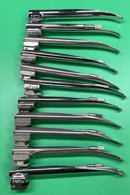Lot Of 11 MIL 2 Laryngoscope Fiber Optic Blade, Amtec, Foregger, and Penlon