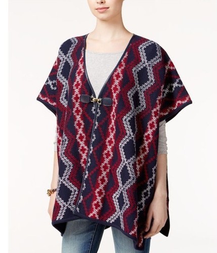 Neu $ 130 Tommy Hilfiger Delaney bedruckter Poncho rot weiß & blau Betriebssystem S, M, L, XL - Bild 3 von 4