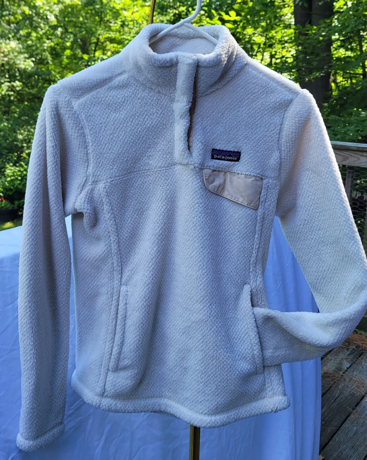 OFF WHITE Pullover donna Patagonia panna bianco sporco pile Polartec piccola tasca calda