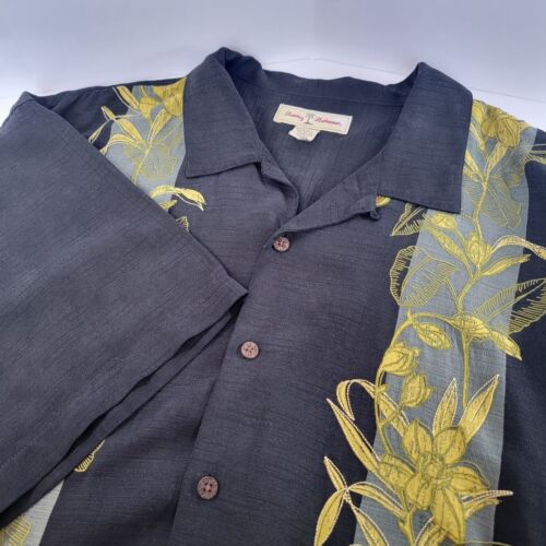 Tommy Bahama Men's 100% Silk Dress Shirt Short Sleeve Black Embroidered 2XL