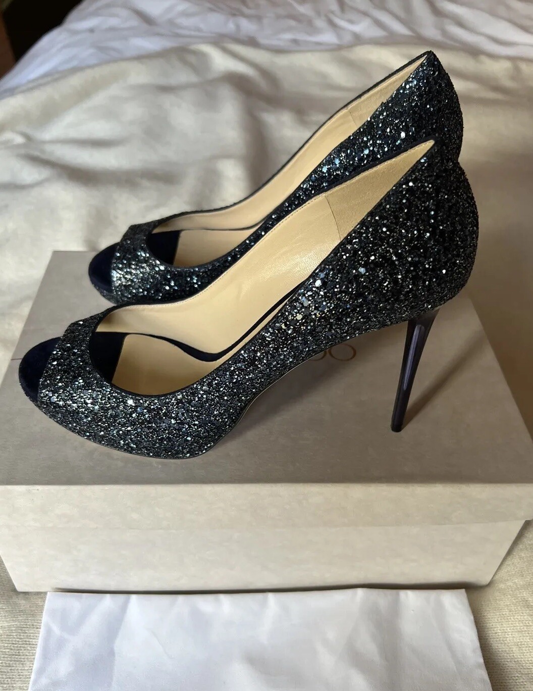 NEW Jimmy Choo Luna Platform Pumps Navy Glitter Fabric 40 Peep Toe High Heel