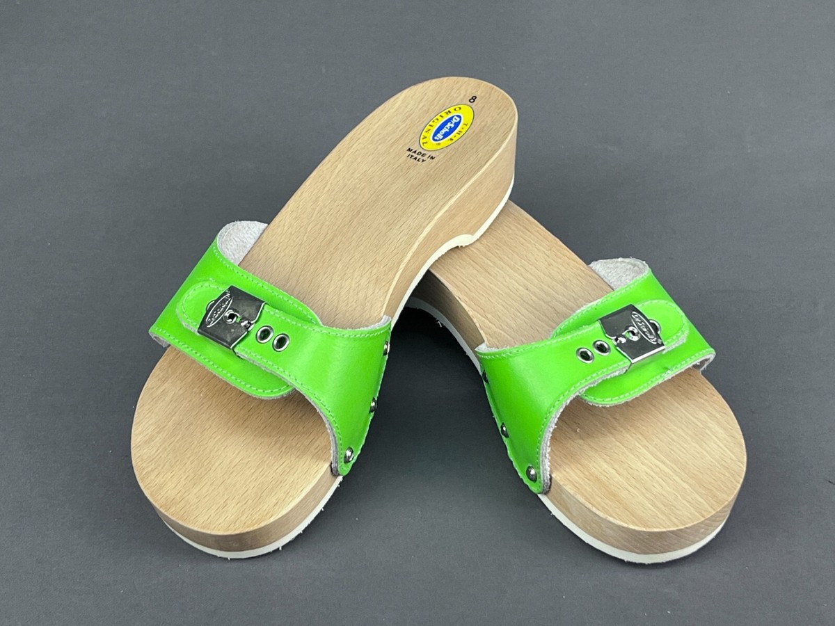 Vintage Dr Scholl's The Original Bright Green Wooden Sandals Sz 8