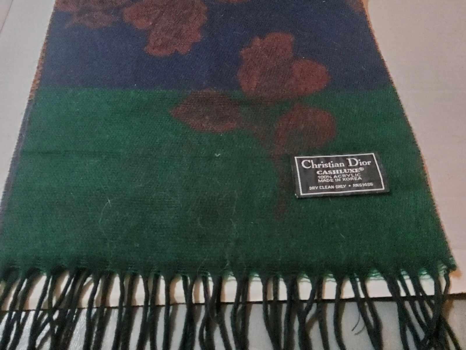 Christian Dior Cashluxe Foulard Laine 100% Acrylique Vert Marron Feuille Frange 54''