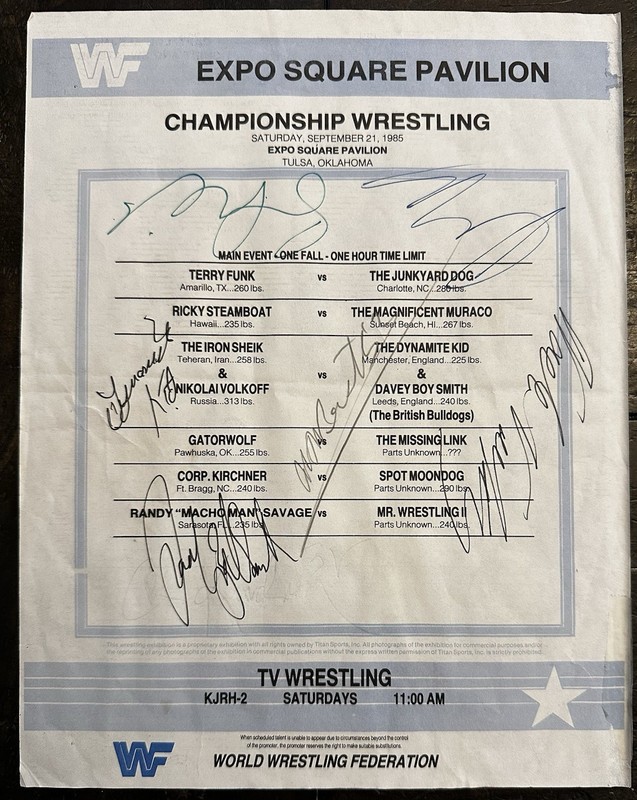 1985 WWF WRESTLING LINEUP CARD HAND SIGNED BY THE BULLDOGS, JYD, SHEIK +2 MORE!