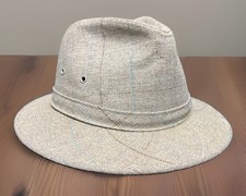 Vintage Dorfman Pacific Co tan Tweed Fedora Hat Feather Accent Men's large