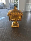 Vintage Jeanette Amber Glass Square Pedestal Candy Dish with Lid