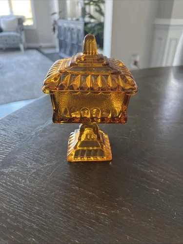 Vintage Jeanette Amber Glass Square Pedestal Candy Dish with Lid