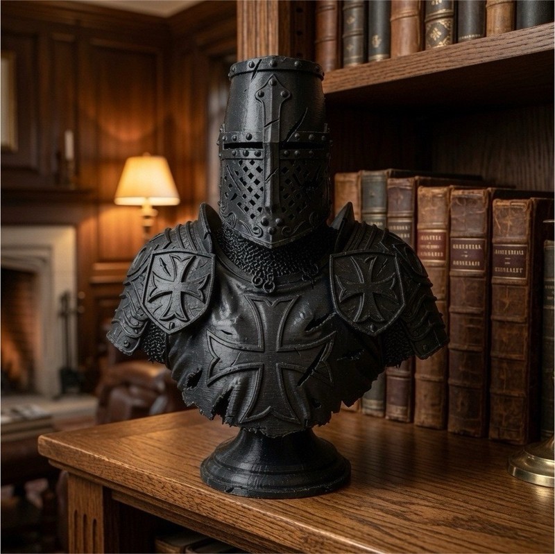Black Medieval Knight Helmet & Chest Armor Bust Figurine, Plastic Reproduction