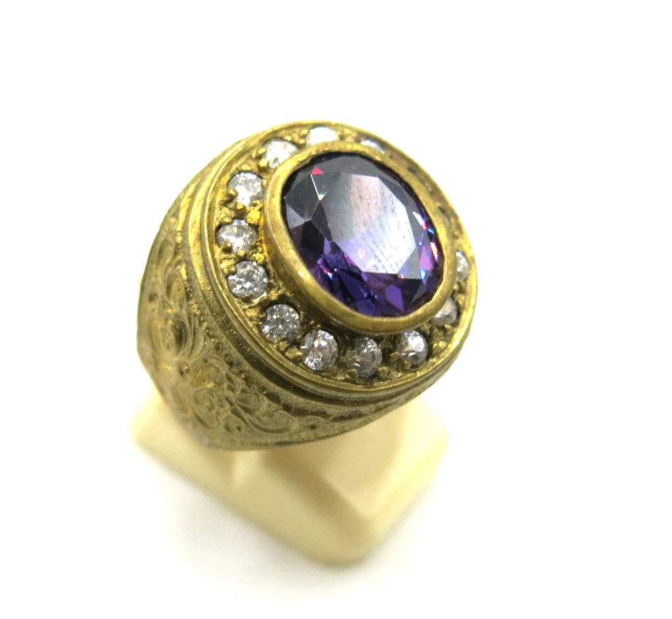 Anillo de sello vintage de latón para hombre - piedra amatista con diamantes circonita cúbica - talla 9 - 20 x 20 Foto 4 de 4