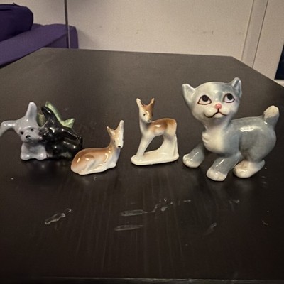 Restposten 4 Vintage Keramik Ornamente Tiere Katze 2 Hirsch Hund