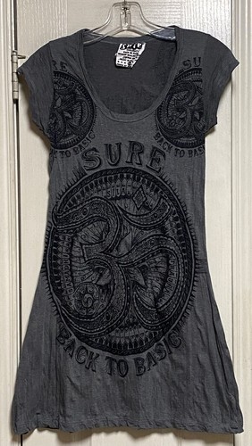 SURE Original Back To Basic Fit 'N Flare graues T-Shirt/Kleid mit schwarzer Grafik S