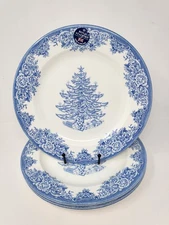 Set Of 4 Royal Stafford Blue Christmas Tree Holiday Dinner Plates 11" New