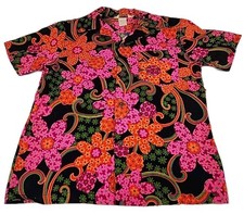 VTG 60s Royal Hawaiian Barkcloth Shirt Colorful Coin Button Loop Collar Medium