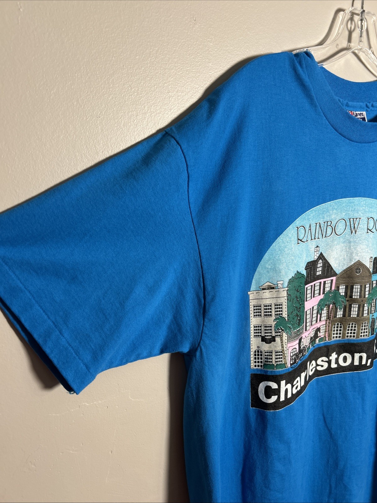 Camicia blu Hanes vintage anni 90 fila arcobaleno uomo XL Charleston SC punto singolo