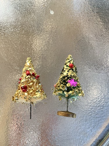 2 Vintage Draht Flaschenbürste Bäume 4,5" Gold beflockt mit Beeren Weihnachten