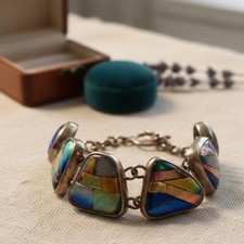 Vintage Artisan Dichroic Glass Bracelet - Sterling Silver Multicolor Links  .925