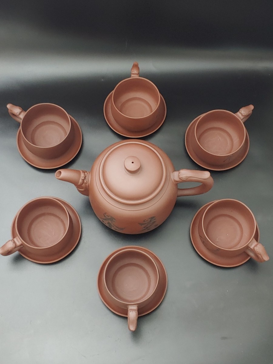 宜兴紫砂老厂陈美芳陈梅芳合作螭龙壶茶杯Group Chinese Yixing Purple