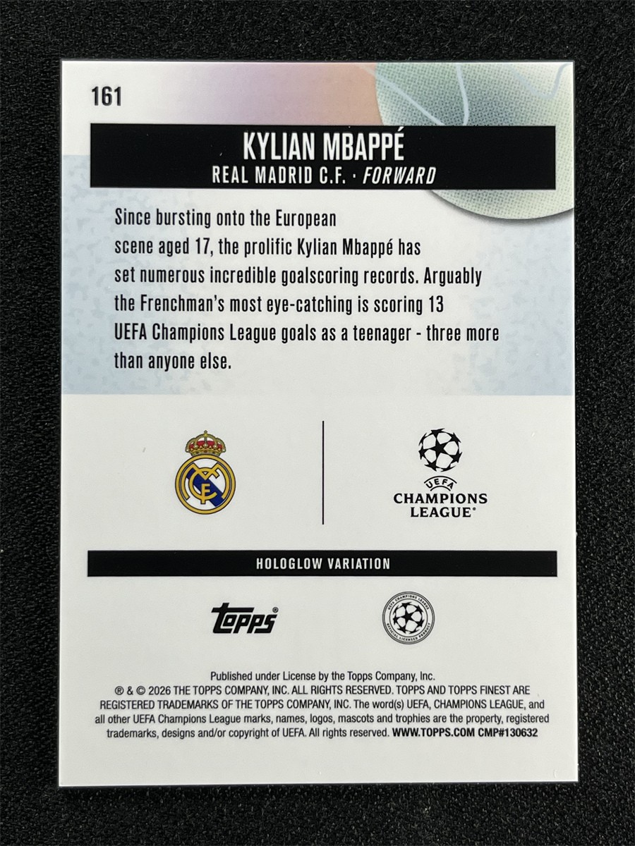 2025-26 Topps Finest UEFA Kylian Mbappe #161 Orange Hologlow Variation /25 view 2