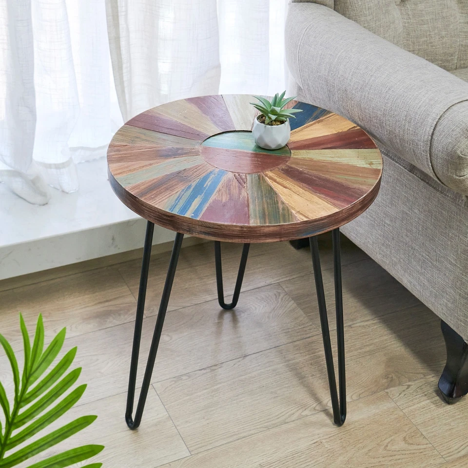 Greenage Solid Reclaimed Wood Side End Table Nightstand Round Sun Flower  20" H - Image 2 of 4