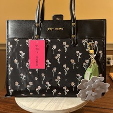 Betsey Johnson Women's Cones-N-Floral Embroidered Tote Handbag-Black 11 By 13