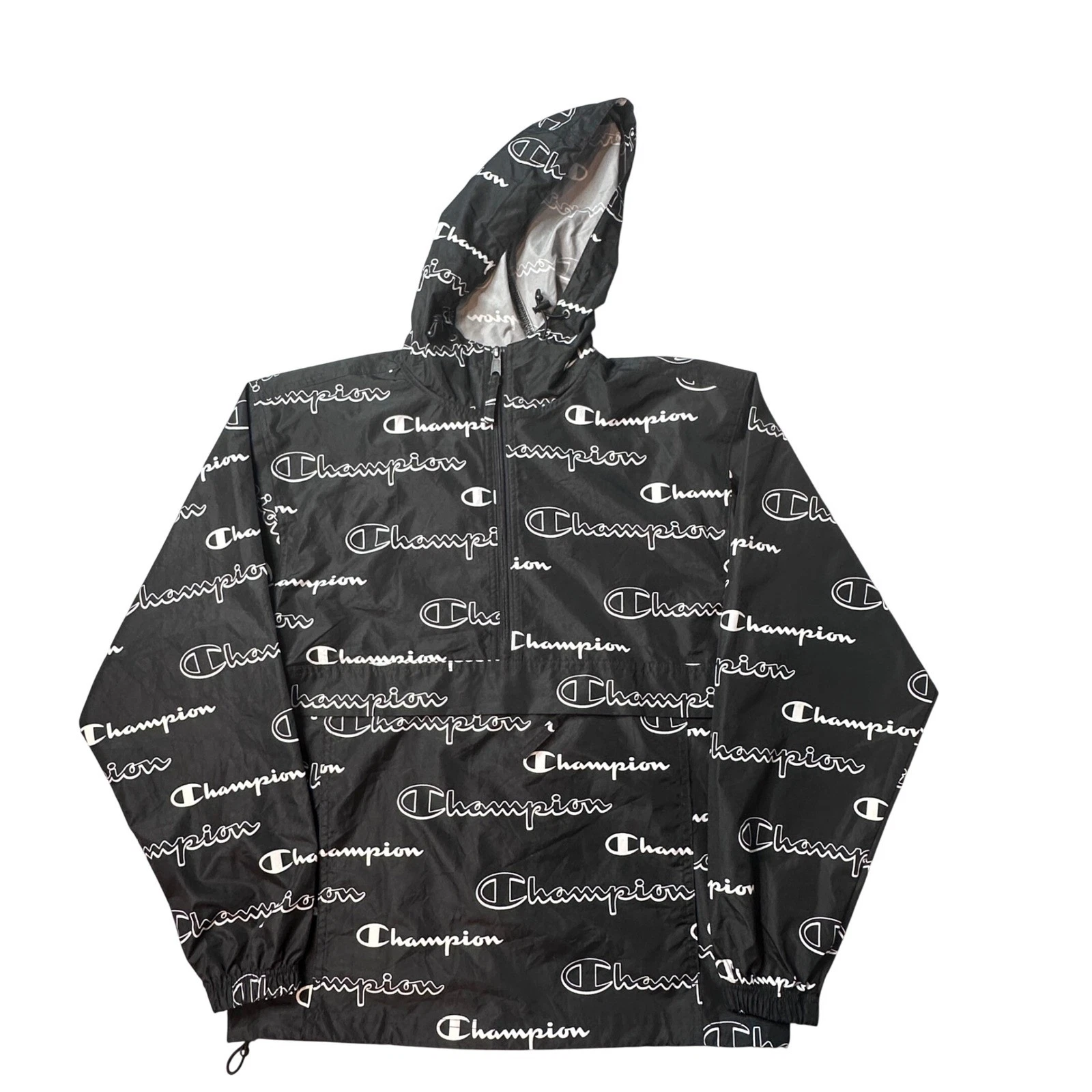 Champion Windbreaker Mens Small Black Script Logo Packable Quarter Zip Jacket