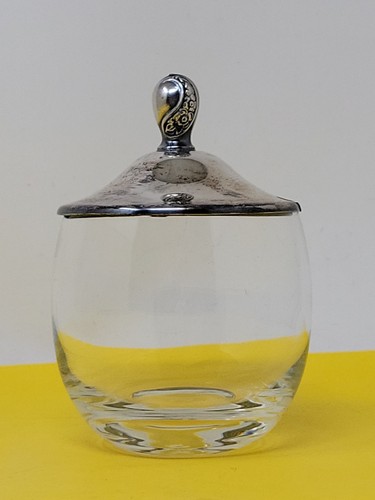 Vintage Glass Condiment/ Honey/Sugar Dish Bowl Silvertone Lid Lidded