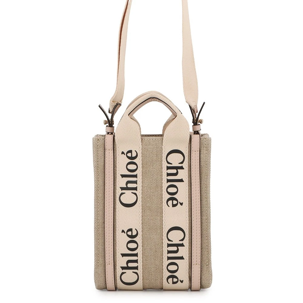 Chloe — Chloe Woody North South Tote 2WAY Handbag Size Mini Canvas/Calf Leather Beig...