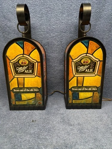 TWO VINTAGE 1970’S MILLER ALE LIGHT UP BEER SCONCES 18” X 6.5” X 4.5