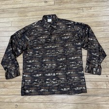 Mario Valentino Italy Vtg 70s Brocade Shirt Men 48 Brown Shiny Gold Aztec Design