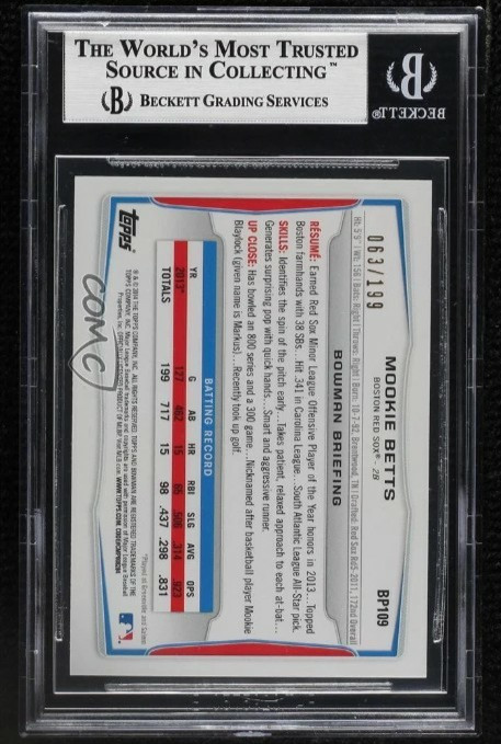 2014 Bowman 1st Prospect Rookie /199 Green Paper #BP109 Mookie Betts RC SP BGS 9 view 21
