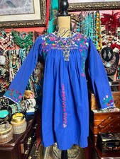 Gorgeous Royal Blue Oaxaca Multi Color Embroidery Long Sleeve Dress M/L