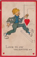 1941 Valentine Postcard Cartoon Boy Heart Key Vintage Comic Style