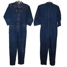 Vintage Dreams Jumpsuit M Romper Blue Studded Full Length Denim Western Boho